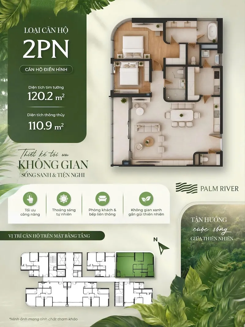 Layout căn hộ 2PN Palm River diện tích 120m2 mặt bằng chi tiết