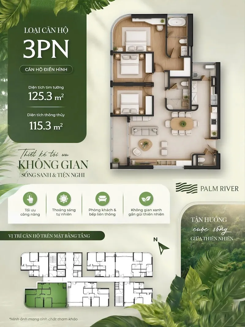 Layout căn hộ 3PN Palm River diện tích 125m2 mặt bằng chi tiết