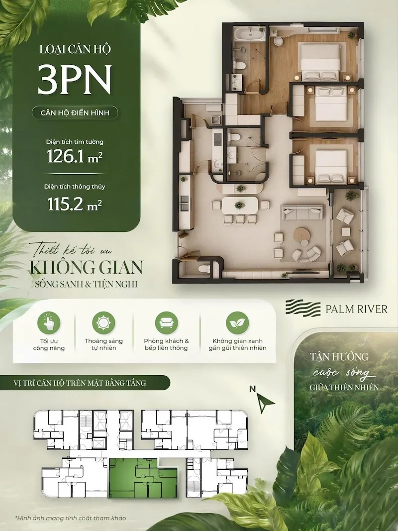 Layout căn hộ 3PN Palm River diện tích 126m2 mặt bằng chi tiết