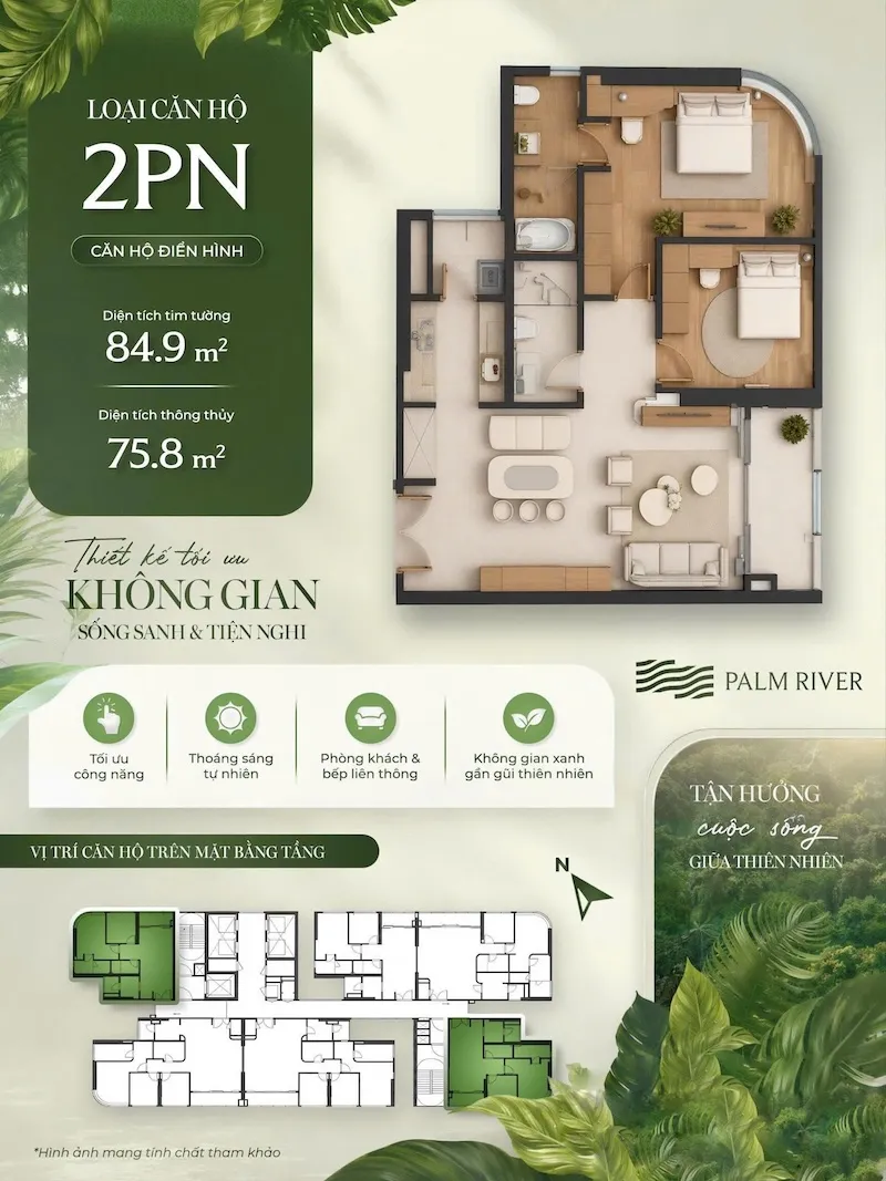 Layout căn hộ 2PN Palm River diện tích 85m2 mặt bằng chi tiết
