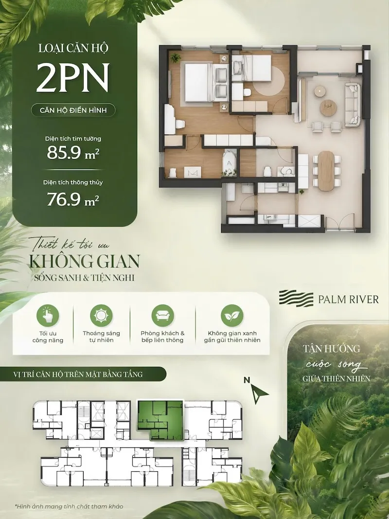 Layout căn hộ 2PN Palm River diện tích 86m2 mặt bằng chi tiết