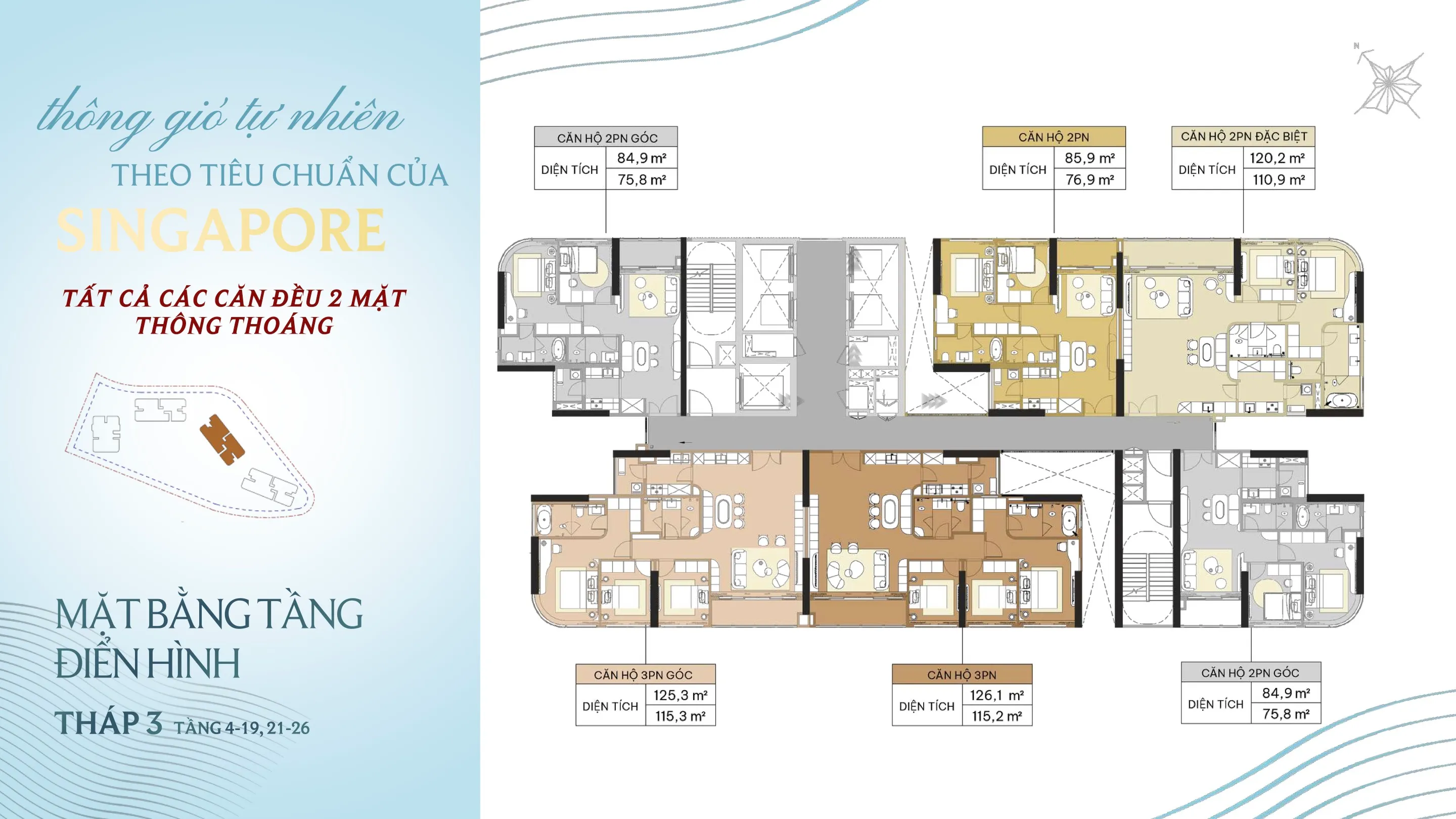 Mặt bằng căn hộ Palm River Tháp 3 tầng 4-19 và 21-26