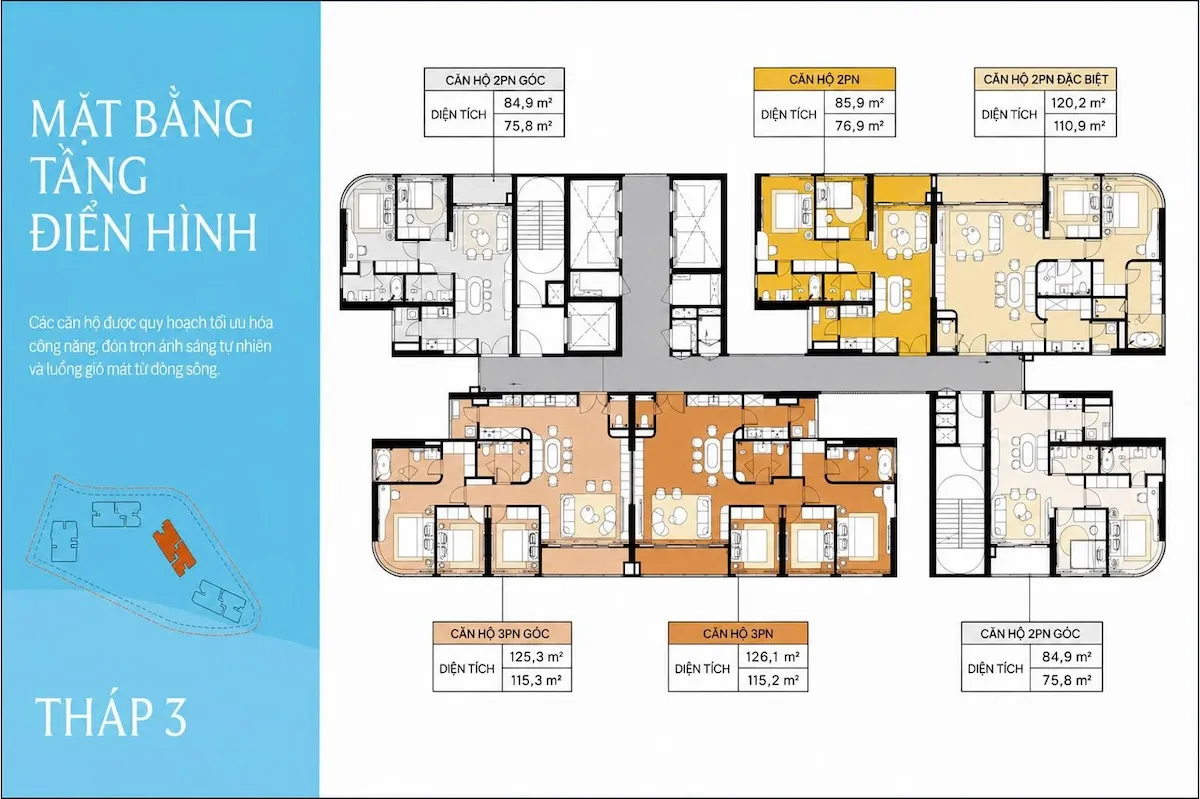 Mặt bằng căn hộ Palm River tháp 3 bố trí chi tiết từng tầng