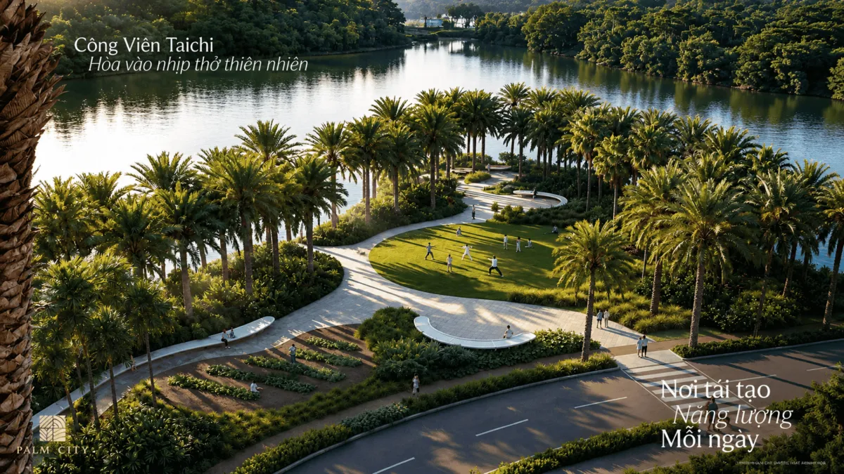 Hàng ghế nghỉ chân dọc bờ sông góc yên bình tại khu đô thị Palm City